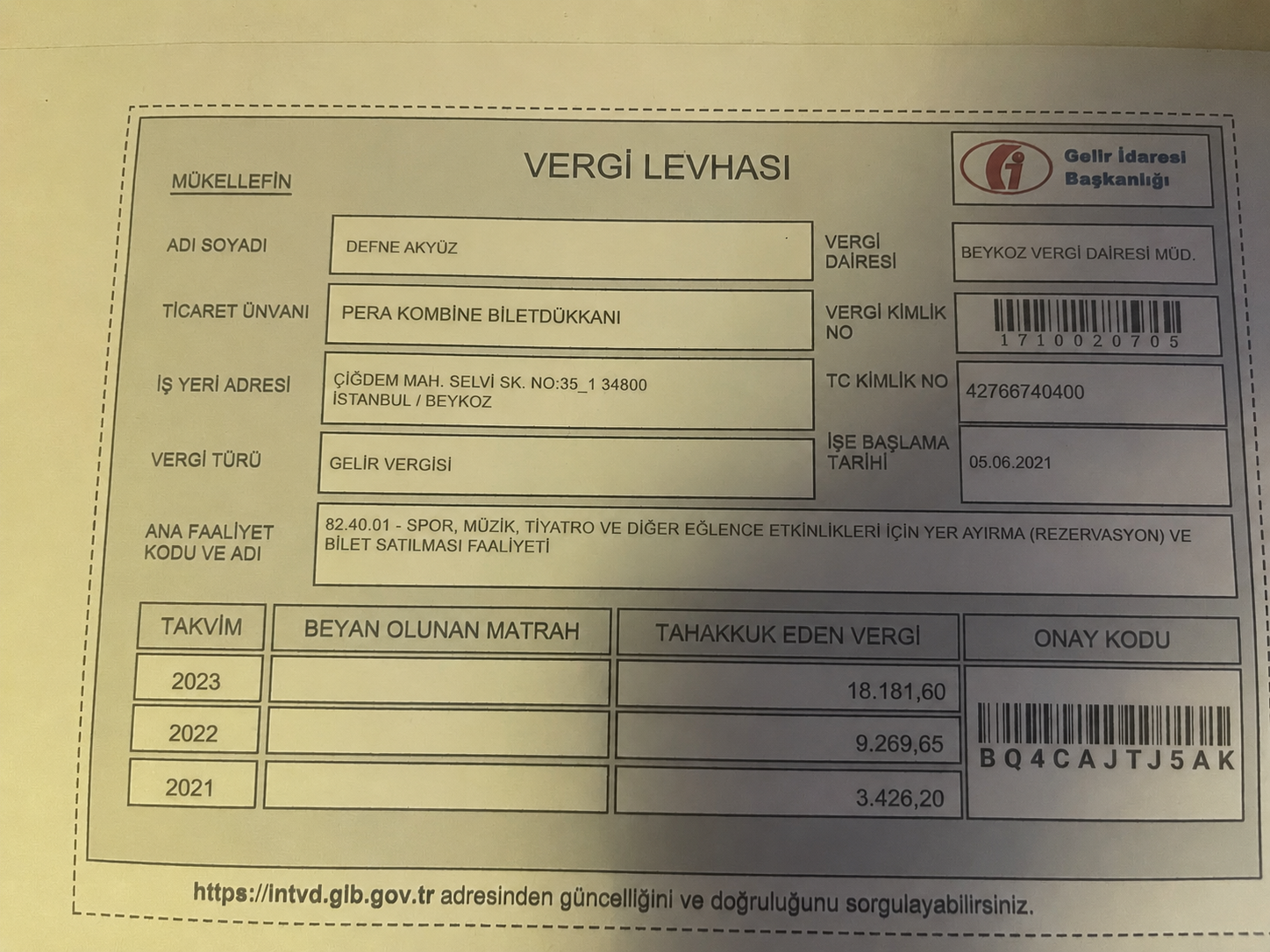 Vergi Levhası Belgesi